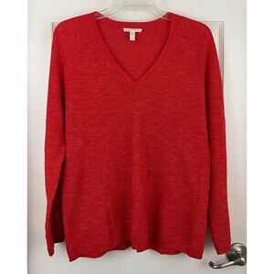 EILEEN FISHER - Red Long Sleeve VNeck Organic Cotton/Linen Blend Tunic Sweater M